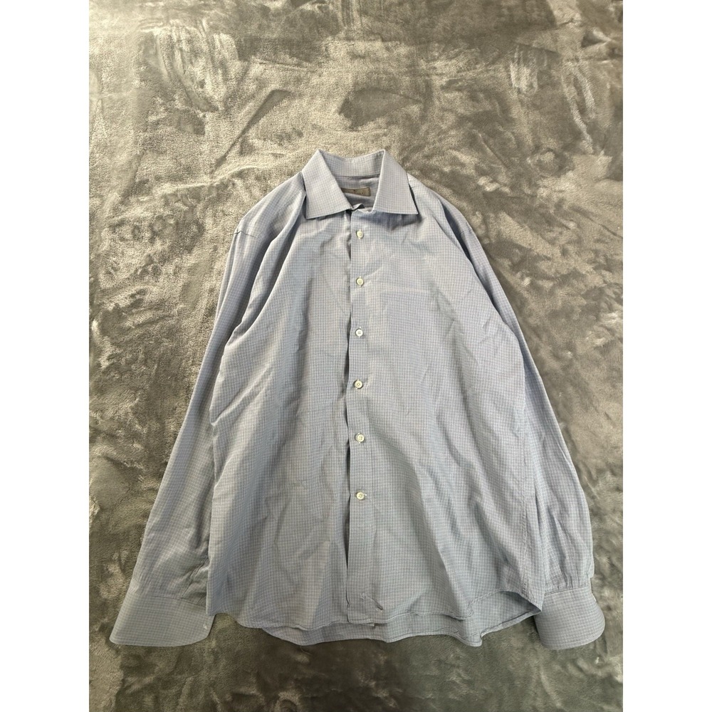 Canali Dress Shirt Mens 43-17 Blue Grid Business Casual Button Up Preppy Italy